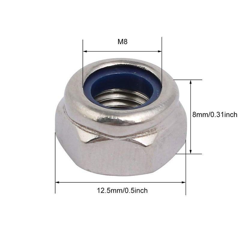 ZLYY M8 x 1.25mm Nylon Insert Hex Lock Nuts, Stainless Steel Lock Nut Assortment Kit for Hardware Accessories Stainless Steel Finish Hex 100PCS - Image 5